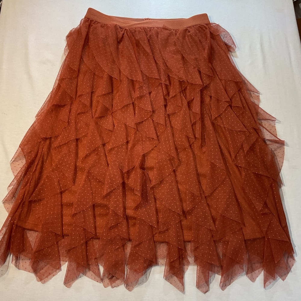 Gigio NWT Women's Rust Tull Ruffle Elastic Waist Skirt w/Polka Dots, Size Large